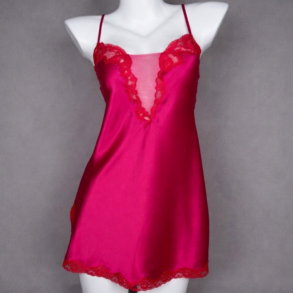 Vintage Y2K Victorias Secret Pink Satin Lace Slip Dress Coquette Bombshell M